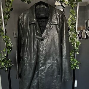 DKNY Textured Black Leather Trench Coat